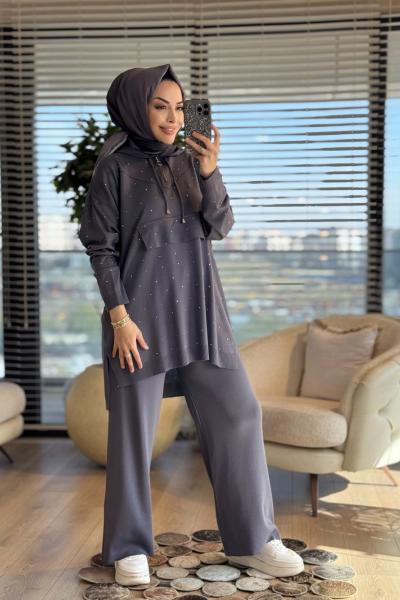 2569 Kanguru Cepli Taş Baskılı Triko Takım Antrasit