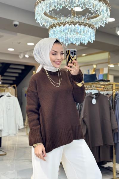 2572 Bisiklet Yaka Triko Kazak Kahve