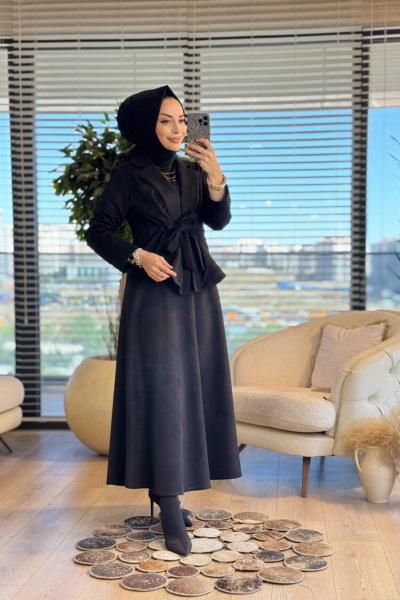 2573 Süet Beli Kuşaklı Etekli Takım Siyah