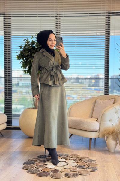 2573 Süet Beli Kuşaklı Etekli Takım Haki