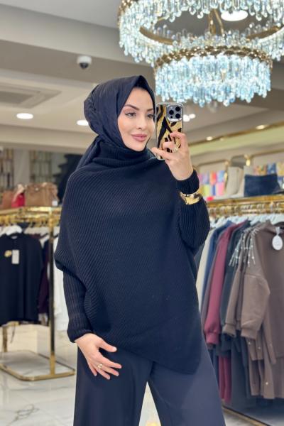 2574 Asimetrik Triko Tunik Siyah