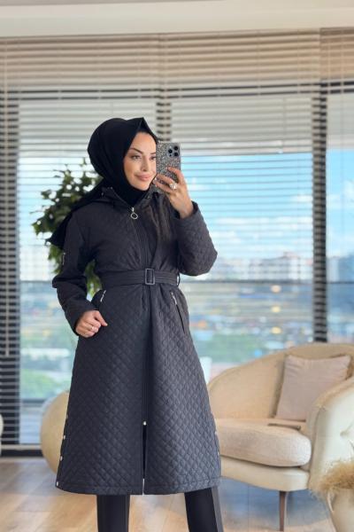 2577 Kraş Kapitone Cep Fermuarlı Kaban Siyah