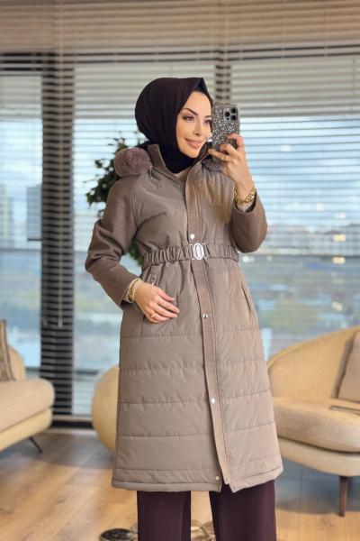 2582 Kombinli Kapitone Kapşonu Kürklü Kaban Vizon