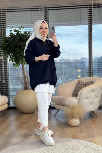 2585 Kendinden Çizgili Kapşonlu Hırka Siyah