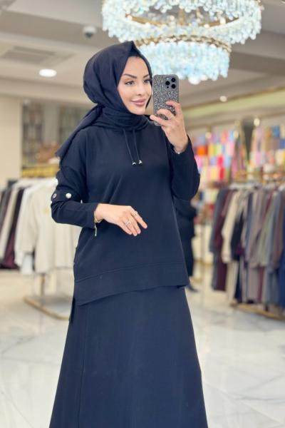 2597 Kapşonlu Etekli Triko Takım Siyah