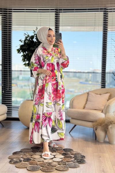 25EL512 Zambak Desenli Elbise Ekru Fuşya