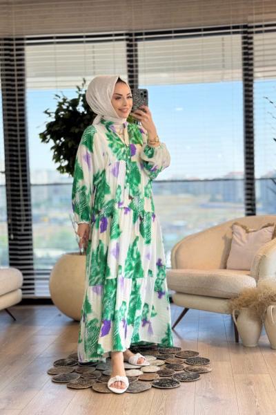 25EL514 Batik Yaprak Desenli V Yaka Elbise Mor Benetton