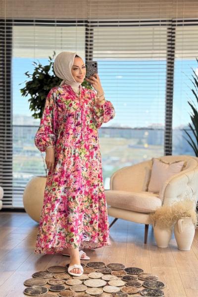25EL532 Çiçek Elbise Fuşya