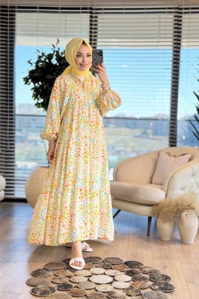 25EL547 Renkli Küçük Çiçek Desenli Elbise Sarı Yeşil