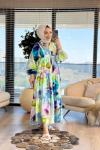 25EL552 Renkli Batik Desen V Yaka Elbise Bej Benetton