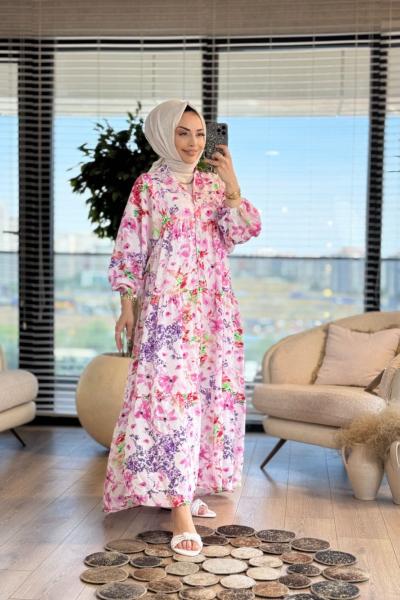 25EL560 Renkli Batık Desen Elbise Fuşya