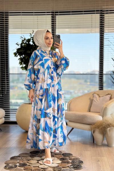 25EL568 Renkli Tüy Desenli Elbise Saks