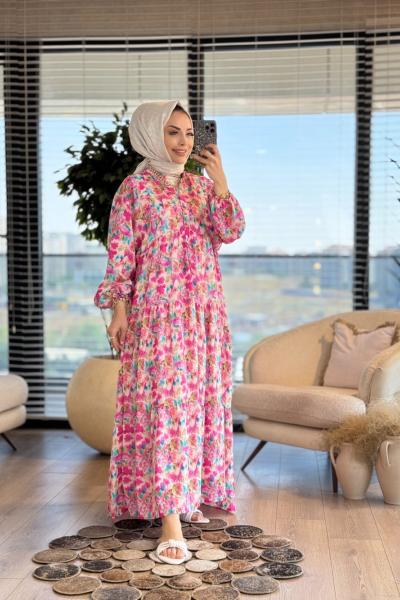 25EL573 Renkli Çiçekli V Yaka Elbise Fuşya