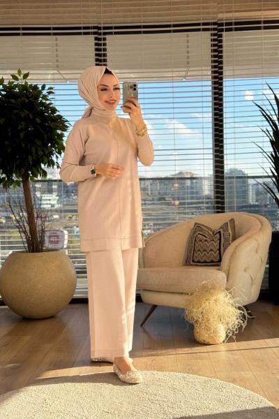 25K1201 Dikiş Detaylı Triko Tunik Bej