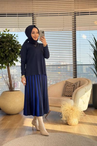 25K1312 Triko Çift Renkli Etekli Takım Lacivert