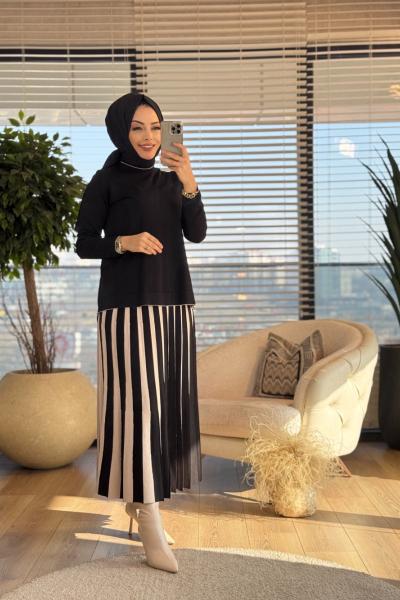 25K1312 Triko Çift Renkli Etekli Takım Siyah