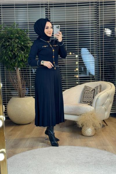 25K1315 Metal Düğmeli Triko Etekli Takım Siyah