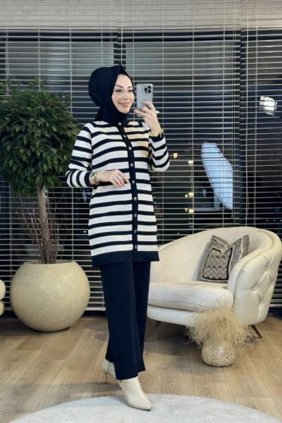 25K1511 Enine Çizgili Triko Pantolonlu Takım Siyah