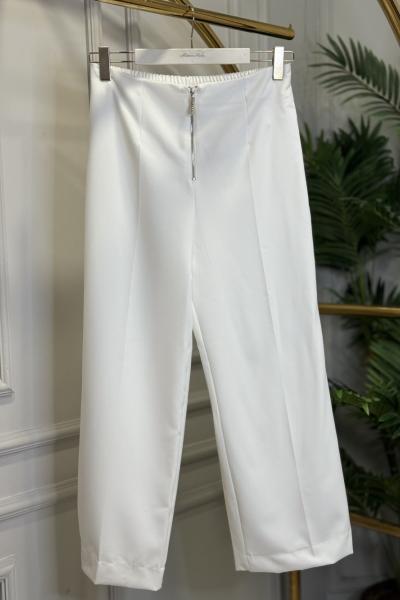 26086 Ön Fermuarlı Bol Paça Pantolon Ekru