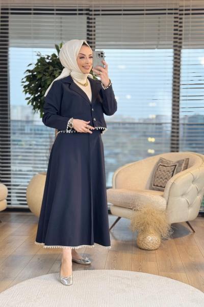 2626 Şerit İnci Detaylı Etek Takım Siyah