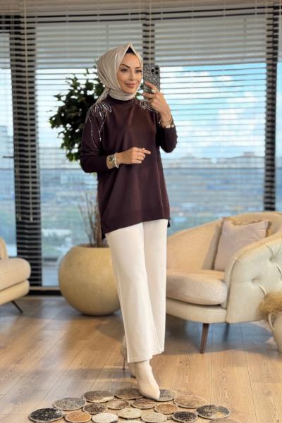 264 Omuzu Taşlı Yaprak Desenli Triko Tunik Kahve