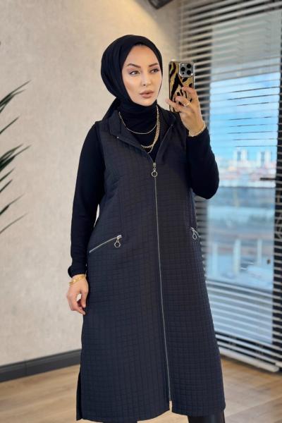 26451 Baklava Desen Kapitone Yelek Siyah