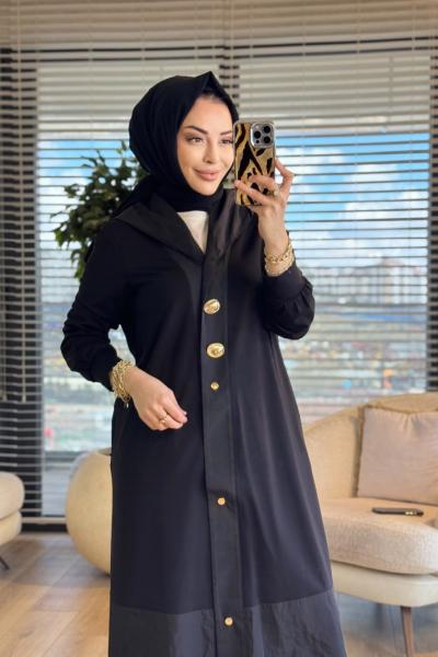 26YT805 Kapşonlu Gold Düğmeli Kap Siyah