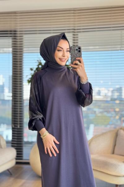 277 Kolları Kumaş Desenli Triko Elbise Antrasit