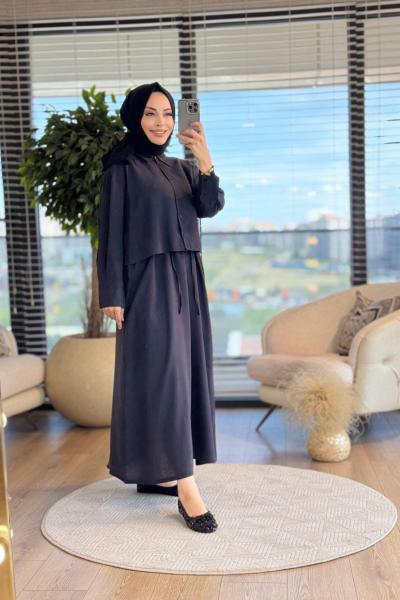 2770 Beli Kuşaklı Elbise 2li Takım Siyah