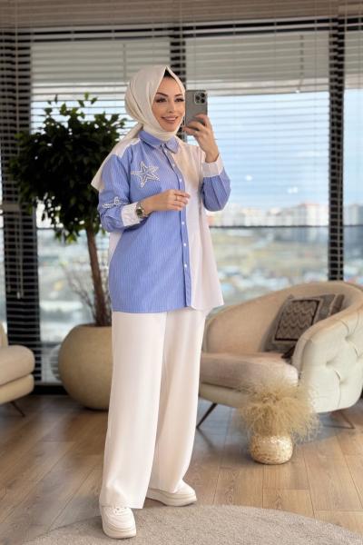 2775 Yıldız Motifli Taşlı Gömlek Mavi