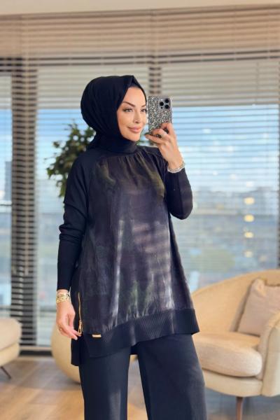 279 Ön Arka Batık Desen Triko Tunik Siyah