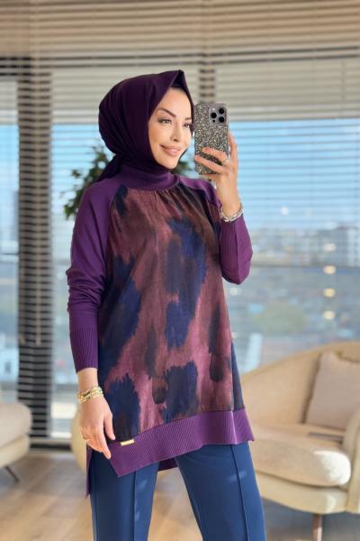 279 Ön Arka Batık Desen Triko Tunik Mürdüm
