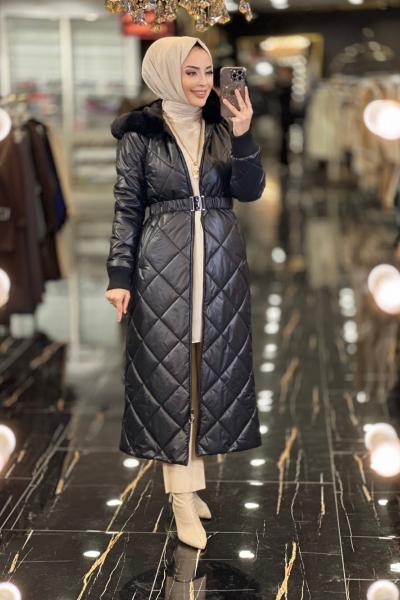 28-1035 Baklava desen Kapşonu Kürklü Şişme Kaban Siyah