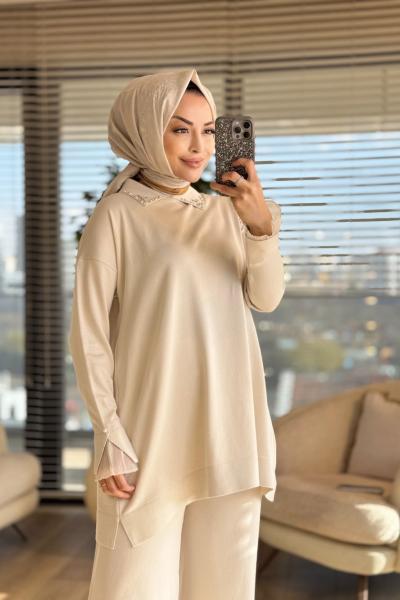 280 Kolu Dantelli Yaka Taşlı Triko Tunik Vizon