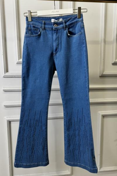 2806 İspanyol Paça Paça Taşlı Kot Pantolon Mavi