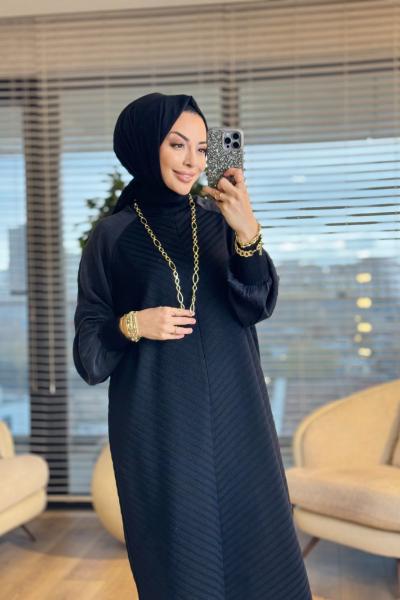 282 Ön Arka V Örgülü Kolları Kupra Elbise Siyah