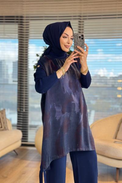 283 Kupra Omuz Ve Yanları Düğmeli Triko Tunik Lacivert