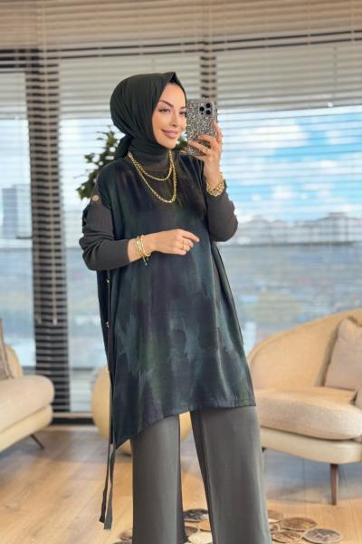 283 Kupra Omuz Ve Yanları Düğmeli Triko Tunik Haki