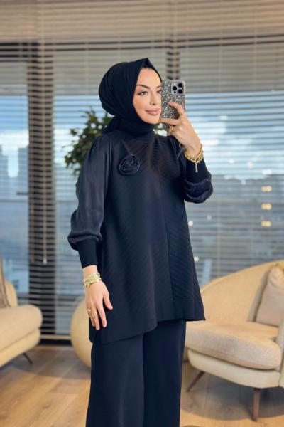 285 Kolları Kumaş Güllü Tunik Siyah