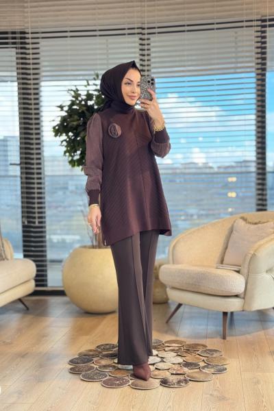 285 Kolları Kumaş Güllü Tunik Kahve