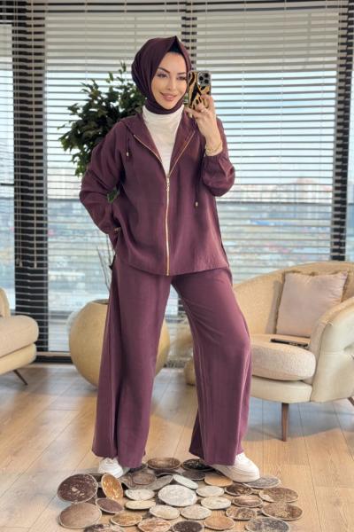 2872 Bol Paça Fermuarlı Takım Mürdüm