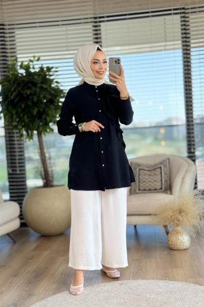 2972 Sağ Omuz Büyük Çiçekli Gömlek Siyah