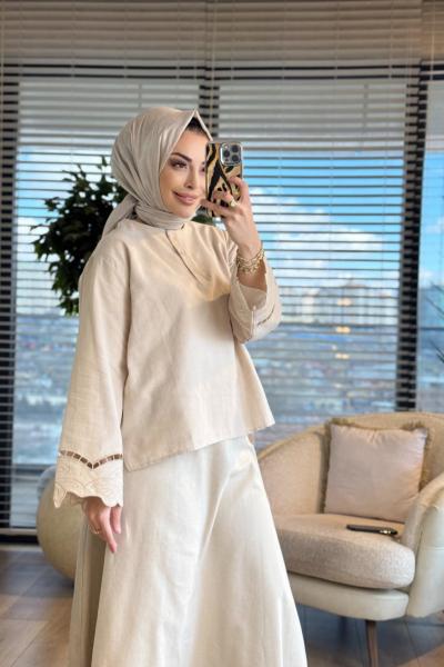 2973 Nakış Detaylı Etekli Takım Bej