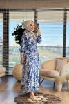 3002 Yaprak Desenli Önden Düğmeli Elbise Lacivert