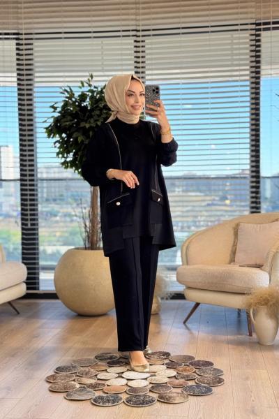 3042 Önü Fermuar Aksesuarlı Takım Siyah