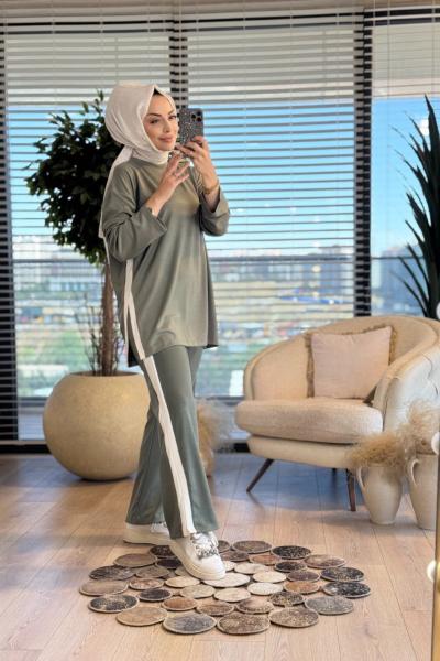 3049 Yırtmaçlı Garni Detaylı Takım Haki