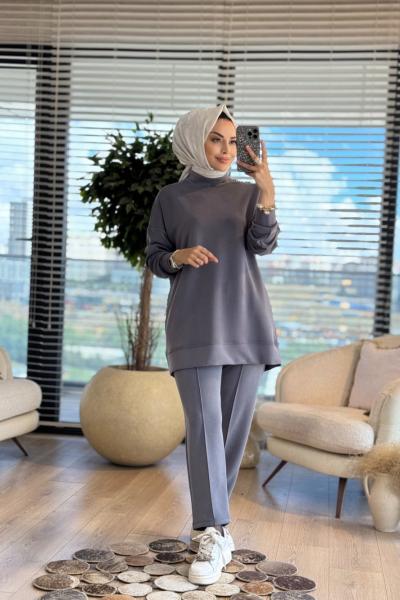 3055 Sağ Omuzu Taş Ve Fermuar Detaylı Takım Antrasit