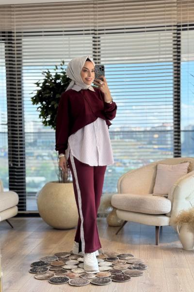 3064 Çizgi Garnili Pelerin Görünümlü Takım Bordo