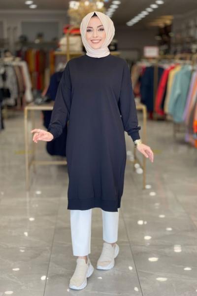 30645 Uzun Sıfır Yaka Tunik Siyah
