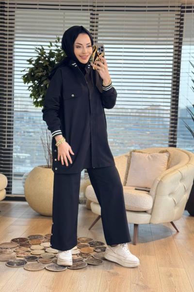 3075 Çıtçıt Ve Triko Detaylı Takım Siyah